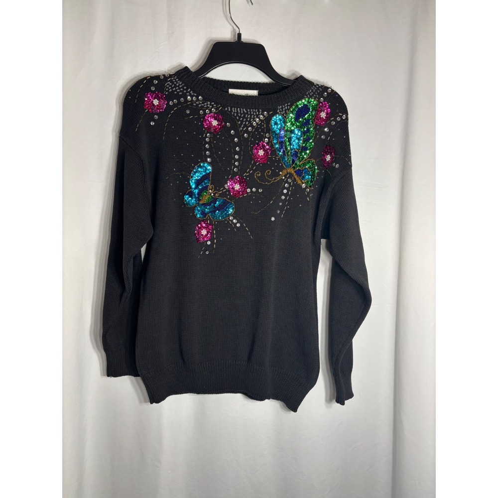 Bonnie Evans Butterfly Sequin Beaded Knit Sweater Women Size M Black Long Sleeve